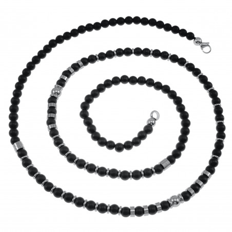 85cm - 6mm Matte Onyx Kralenketting Heren - RVS - Natuursteen