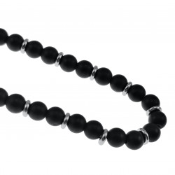 85cm - 6mm Kralenketting Heren - RVS - Matte Onyx Natuursteen - Zwarte Natuursteen Ketting