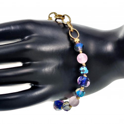 Verguld RVS Armband Blauw Murano Glaskralen Kristallen Roze Jadesteen