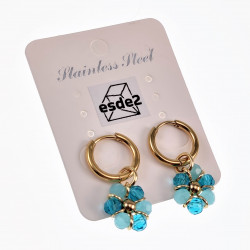 ∅14mm x 2mm Oorringen Dames - Verguld RVS - Turkooisblauwe Gefacetteerde Kristallen Bloem Hanger - Bungelende Oorbellen