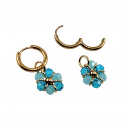 ∅14mm x 2mm Oorringen Dames - Verguld RVS - Turkooisblauwe Gefacetteerde Kristallen Bloem Hanger - Bungelende Oorbellen