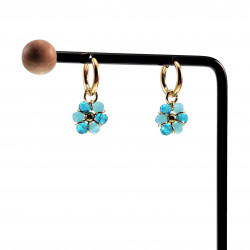 ∅14mm x 2mm Oorringen Dames - Verguld RVS - Turkooisblauwe Gefacetteerde Kristallen Bloem Hanger - Bungelende Oorbellen