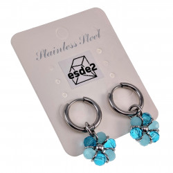 ∅14mm x 2mm Oorringen Dames - Gepolijst RVS - Turkooisblauwe Gefacetteerde Kristallen Bloem Hanger - Bungelende Oorbellen