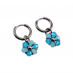 ∅14mm x 2mm Oorringen Dames - Gepolijst RVS - Turkooisblauwe Gefacetteerde Kristallen Bloem Hanger - Bungelende Oorbellen
