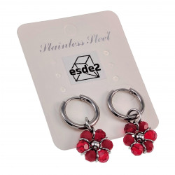 14mm Dames Oorringen met Bordeauxrood Kristallen Bloem Hanger RVS