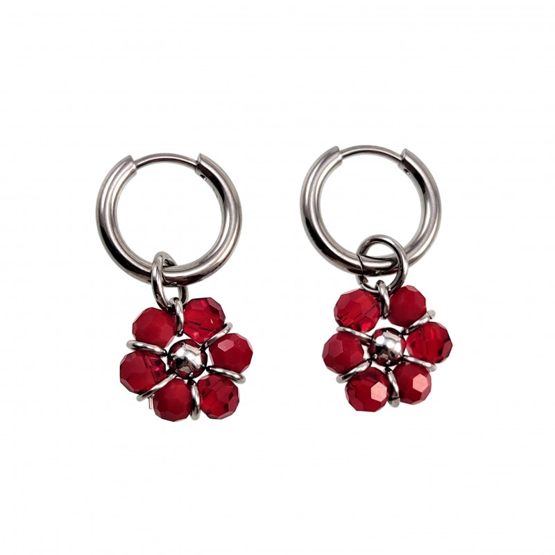 14mm Dames Oorringen met Bordeauxrood Kristallen Bloem Hanger RVS 14mm Dames Oorringen met Bordeauxrood Kristallen Bloem Hanger RVS