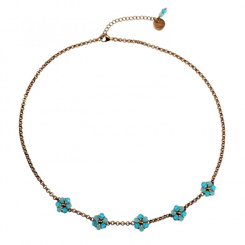 50 tot 55cm Ketting Dames - Verguld RVS - Goudkleurig - Ronde Schakelketting met Turquoise Bloemen - Verstelbaar