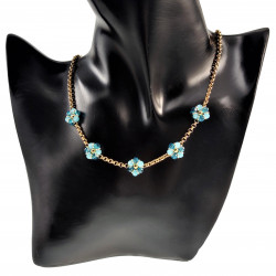 50 tot 55cm Ketting Dames - Verguld RVS - Goudkleurig - Ronde Schakelketting met Turquoise Bloemen - Verstelbaar