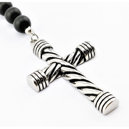 Matte Onyx Kralen Ketting met Kruis - Heren Rozenkrans