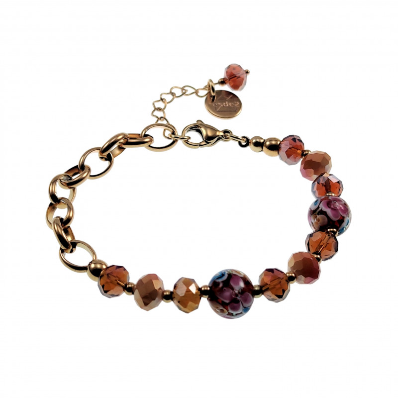 Verguld RVS Armband met Geeloranje Kristallen Bruin Murano Glaskralen Verguld RVS Armband met Geeloranje Kristallen Bruin Murano Glaskralen