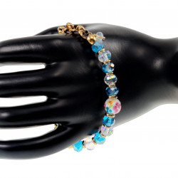 15cm tot 20cm Armband Dames - Verguld RVS - Ronde Schakelarmband met Turquoise Kristallen en Witte Murano-Glaskraal