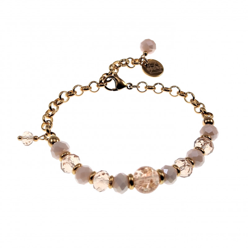 Verguld RVS Schakelarmband Lichtroze Kristallen Lichtbruine Murano-Glas Verguld RVS Schakelarmband Lichtroze Kristallen Lichtbruine Murano-Glas