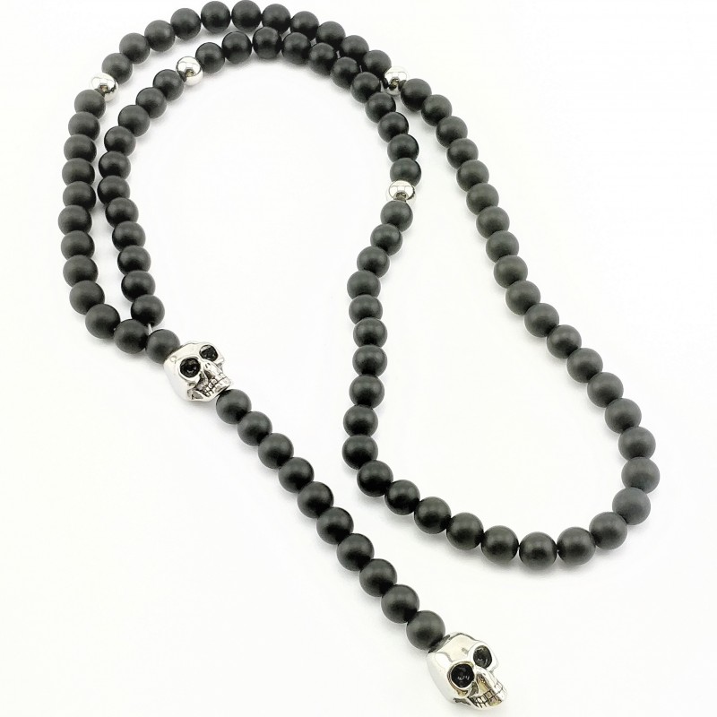 Matte Onyx Kralen Ketting met Schedels - Heren Rozenkrans