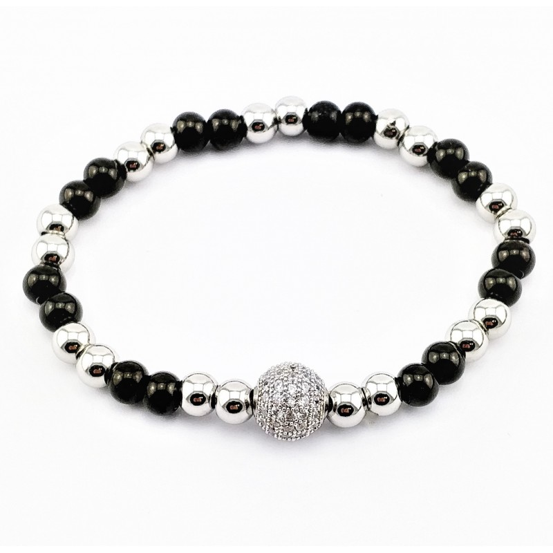 SP Jewelry - Zilverkleurige-Zwarte RVS Kralen Armband - Zirkonia's-Bal