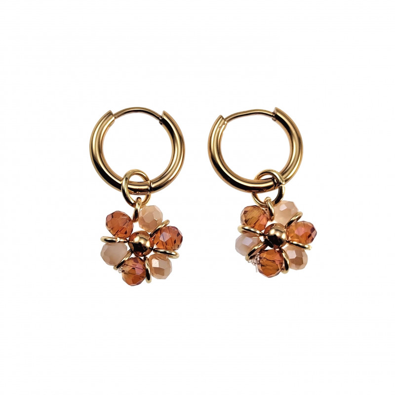 ∅14mm Dames Verguld RVS Oorbellen Beige-Bruine Kristallen Bloem Hanger ∅14mm Dames Verguld RVS Oorbellen Beige-Bruine Kristallen Bloem Hanger