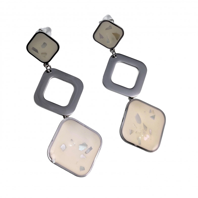 63mm Lange Oorbellen Dames - Gepolijst RVS - Oorbellen met Gebroken Witte Harsbasis en Stukjes Parelmoer - Lange Oorhangers