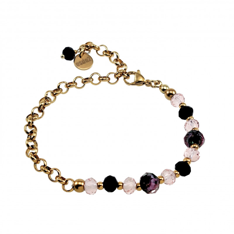 Verguld RVS Ronde Schakelarmband Zwart-Roze Kristallen - Murano-Glas Verguld RVS Ronde Schakelarmband Zwart-Roze Kristallen - Murano-Glas
