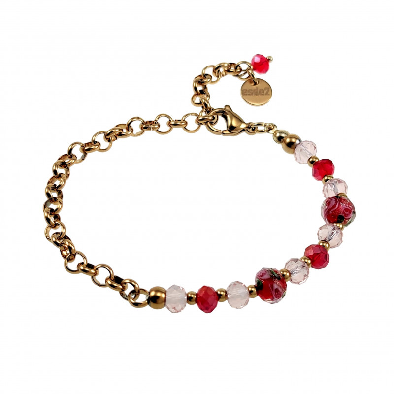 Verguld RVS Ronde Schakelarmband Rode-Roze Kristallen - Murano-Glas