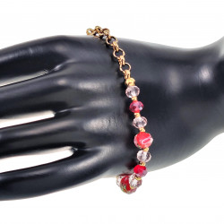 Verguld RVS Ronde Schakelarmband Rode-Roze Kristallen - Murano-Glas