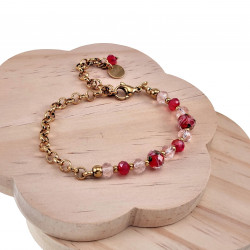 Verguld RVS Ronde Schakelarmband Rode-Roze Kristallen - Murano-Glas