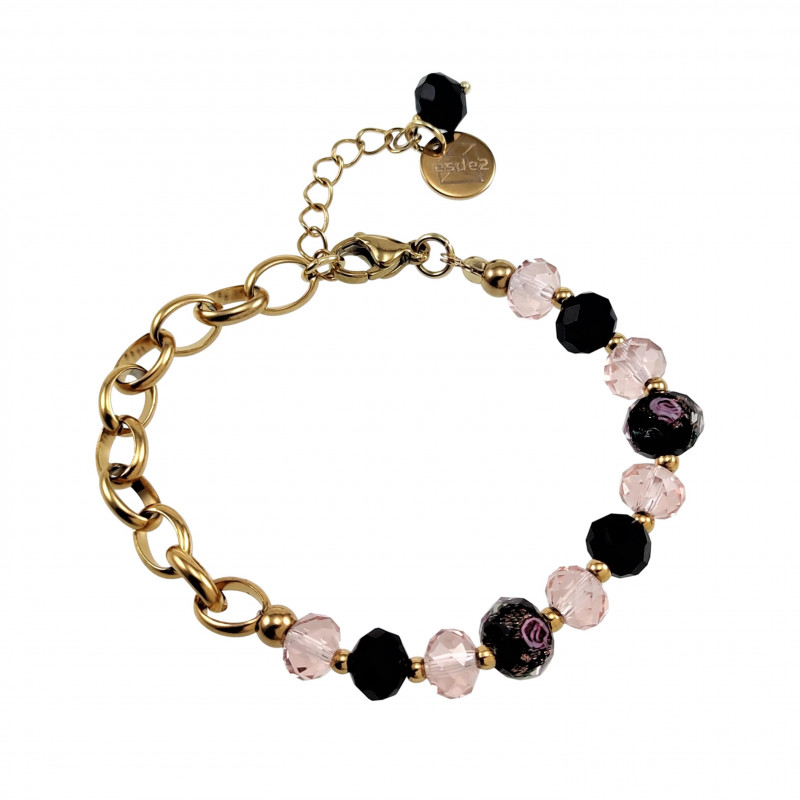16 - 20cm Armband Dames - Verguld RVS - Ovale Schakelarmband met Zwart-Roze Kristallen en Murano Glaskralen - Verstelbaar