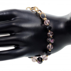 16 - 20cm Armband Dames - Verguld RVS - Ovale Schakelarmband met Zwart-Roze Kristallen en Murano Glaskralen - Verstelbaar