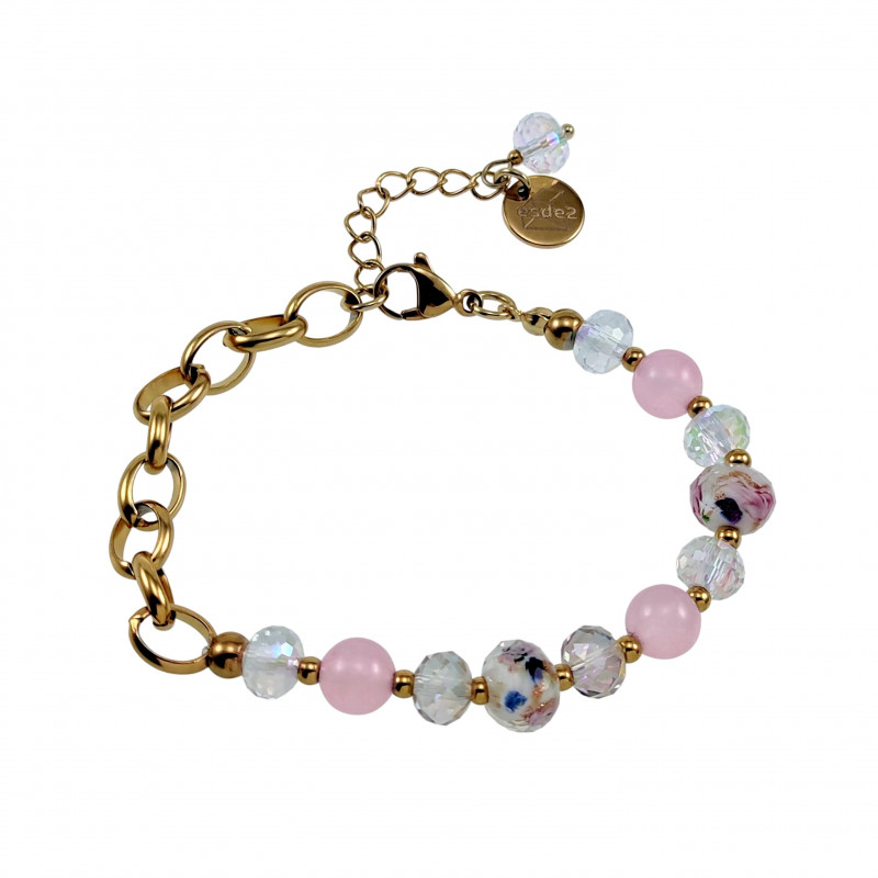 Verguld RVS Ovale Schakelarmband Kristallen-Murano-Glas en Roze Jade Verguld RVS Ovale Schakelarmband Kristallen-Murano-Glas en Roze Jade