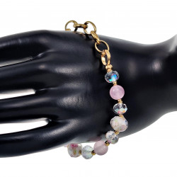 Verguld RVS Ovale Schakelarmband Kristallen-Murano-Glas en Roze Jade