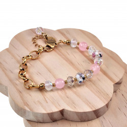 Verguld RVS Ovale Schakelarmband Kristallen-Murano-Glas en Roze Jade