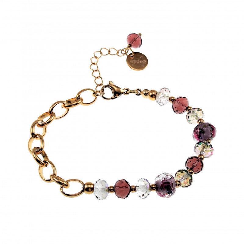 Verguld RVS Ovale Schakelarmband Framboos en Kristallen Murano-Glas