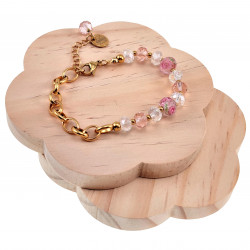 16 - 20cm Armband Dames - Verguld RVS - Ovale Schakelarmband met Roze Kristallen - Murano-Glaskralen - Verstelbaar