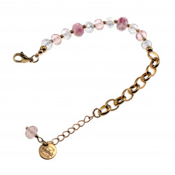 16 - 20cm Armband Dames - Verguld RVS - Ovale Schakelarmband met Roze Kristallen - Murano-Glaskralen - Verstelbaar