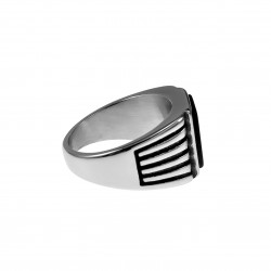 Zegelring Heren - Gepolijst RVS - Strepen Desing - Ring met Rechthoekige Onyx