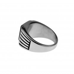 Zegelring Heren - Gepolijst RVS - Strepen Desing - Ring met Rechthoekige Onyx
