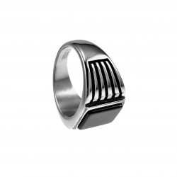 Zegelring Heren - Gepolijst RVS - Strepen Desing - Ring met Rechthoekige Onyx