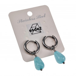 ∅14mm x 2,5mm Oorringen Dames - Zilverkleur RVS - Blauwe Chalcedoon Drop Stone Dangle Oorbellen