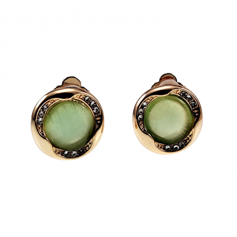 Roségoudkleur Oorclips - Clip-on Oorbellen met Groene Cabochon en Strass