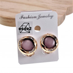 Roségoudkleur - Clip-on Oorbellen met Donkerpaarse Cabochon en Strass