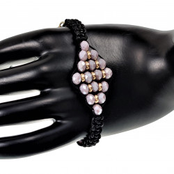 16cm tot 19cm Armband Dames - RVS Goudkleur - Zwarte Macramé Armband met Paars Kristal Ruit-Design - Handgemaakt - Verstelbaar
