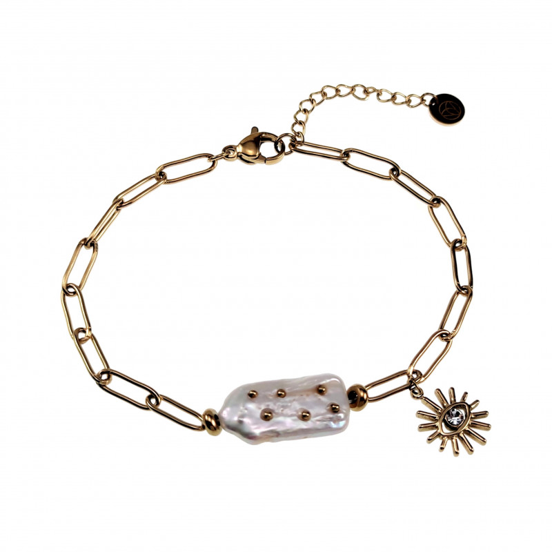 Gold Plated RVS Paperclip Armband met Natuurlijke Zoetwaterbarokparel