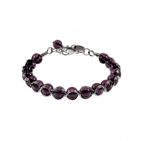 16 tot 19cm - RVS Visgraat Armband met Paarse Glaskralen - Handgemaakt