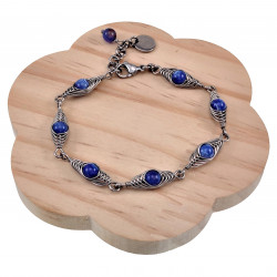 16 tot 19cm Armband Dames - RVS Zilverkleur - Visgraat Armband met Blauwe Vuuragaatkralen - Natuurlijkestenen Armband