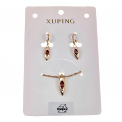Driedelige Set Dames - Rose Gold Plated - Ketting met Hanger en Lange Oorbellen met Rode Zirkonia
