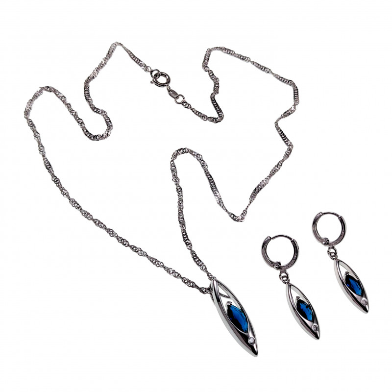 Gerhodineerd Ketting met Hanger en Lange Oorbellen - Blauwe Zirkonia Gerhodineerd Ketting met Hanger en Lange Oorbellen - Blauwe Zirkonia