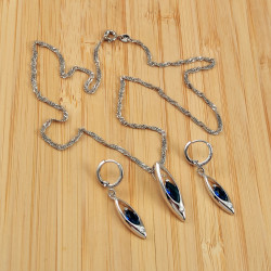 Gerhodineerd Ketting met Hanger en Lange Oorbellen - Blauwe Zirkonia