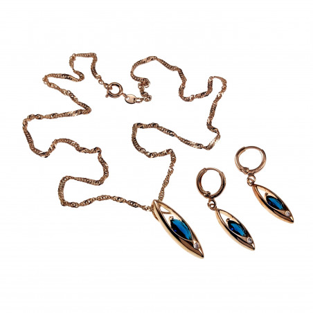 Rose Gold Plated Ketting met Hanger en Lange Oorbellen - Blauwe Zirkonia