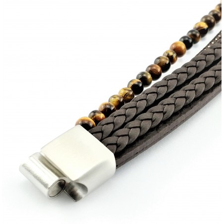 Donkerbruine Leren Armband met Tijgeroog Steen Stijl 6-in-1