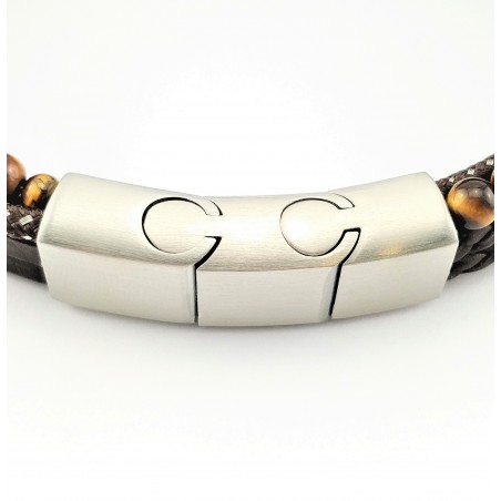 Donkerbruine Leren Armband met Tijgeroog Steen Stijl 6-in-1