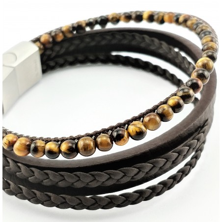 Donkerbruine Leren Armband met Tijgeroog Steen Stijl 6-in-1