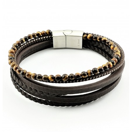 Donkerbruine Leren Armband met Tijgeroog Steen Stijl 6-in-1
